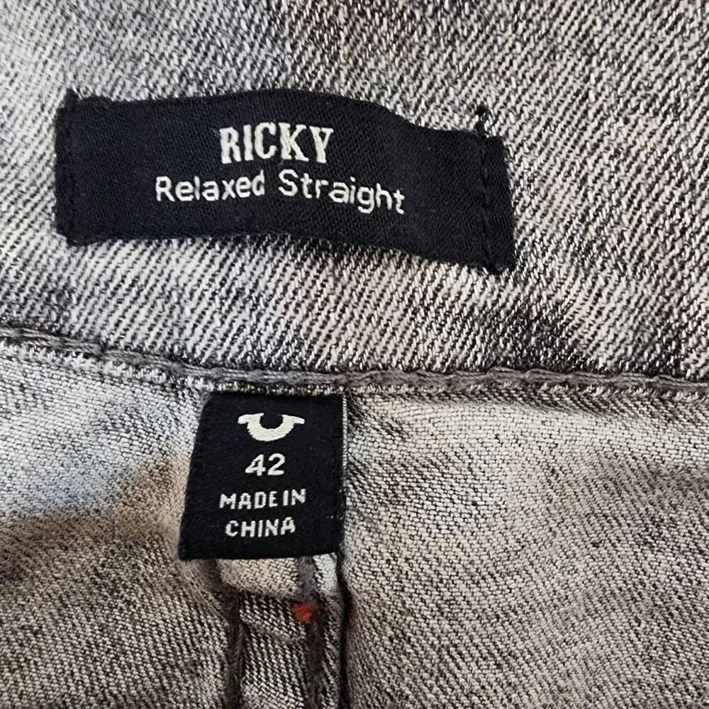True Religion Ricky Relaxed Straight Jeans Gray Wash T Flap Pocket Size 42